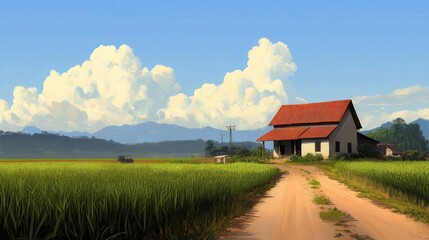 Obraz premium Rural Landscape Painting: Farmhouse, Fields, and Dramatic Cloudscape Under Blue Sky