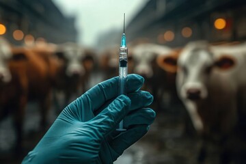 Hand in blue glove holding syringe with blurred cattle in background in a farm setting, conveying veterinary care and livestock health management