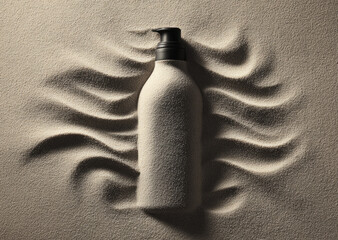 Sunscreen bottle top down view on sand with wavy shadow summer skincare protection beach vacation sunblock healthy skin relaxation minimalist warm tone