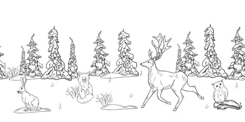 Monochrome seamless woodland background with firs, spruces, animals deer, hare, fox and owl hand drawn black white outline vector. Repeated winter scene for Christmas banner, forest holiday design.