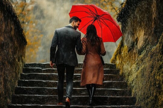 Couple walking up stone stairs in the rain sharing a vibrant red umbrella surrounded by moss-covered walls, evoking warmth and intimacy on a gloomy day