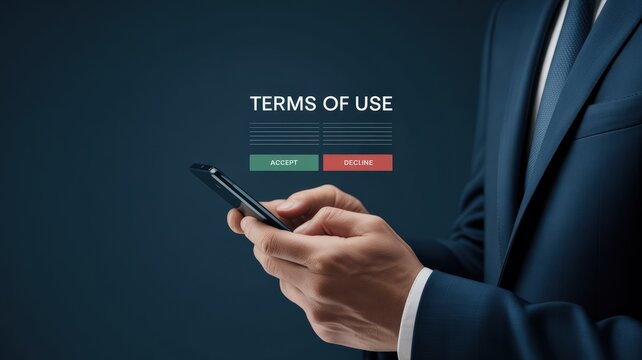business man, hand holding smartphone, text overlay "TERMS OF USE", dark background, corporate, professional, minimalistic, digital device, modern, realistic

