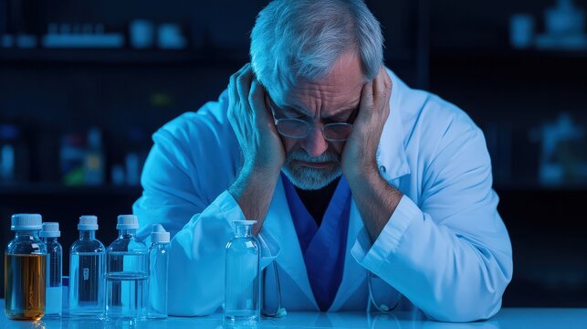 Stressed Scientist in Laboratory with Bottles, Deep in Thought, Blue Lighting