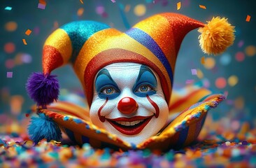 Close-up of a smiling clown with colorful makeup wearing a vibrant multicolored jester hat surrounded by falling confetti creating a festive atmosphere