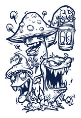 Fototapeta premium Whimsical Hand-Drawn Illustration of Quirky Mushrooms and Monsters