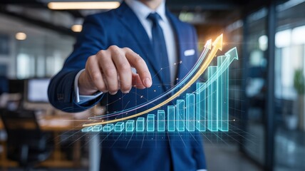 a businessman in a suit analyzing a holographic graph, digital financial data visualization, futuristic technology, minimalist style, sleek modern office, cinematic lighting, intricate details
