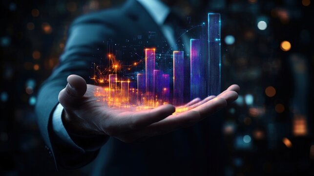 businessman holding glowing digital bar chart with futuristic data and network connections in palm against dark blurred background