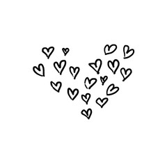 Heart formed by many hearts, simple note sketch, hand drawn illustration, black pencil, transparent background, PNG