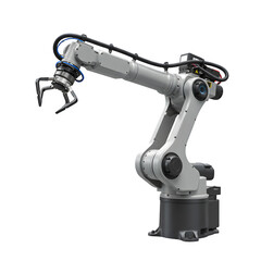 3D Render of Industrial Robotic Arm – Automated Manufacturing Technology Closeup, Isolated on White or Transparent Background