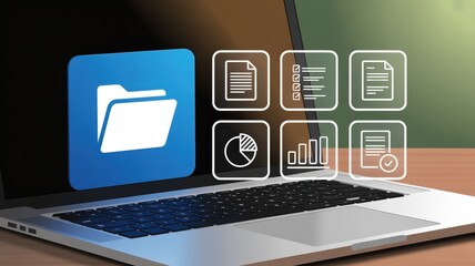laptop, folder icon, data analysis icons, office desktop, digital technology, productivity software, business analytics, information management

