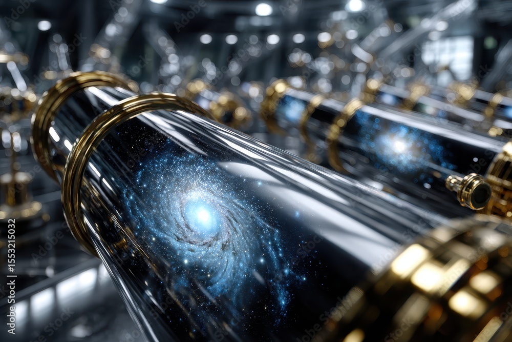 Poster exploring the cosmos through ornate telescopes in a high-tech observatory setup