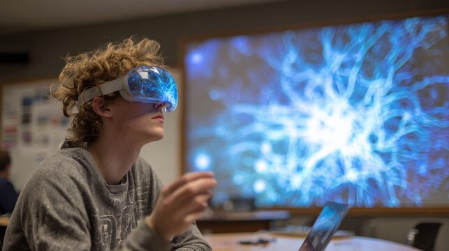 Student in mixed reality class wearing VR glasses, amazed by 3D science simulation.