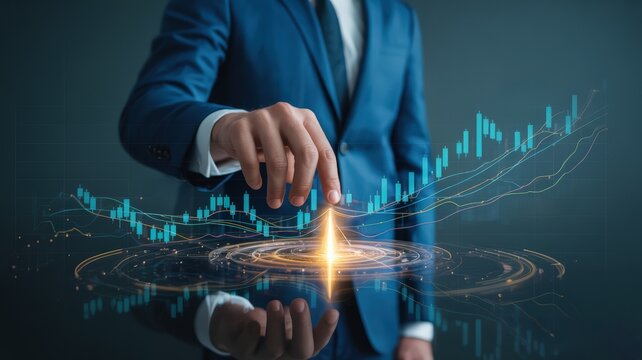 close up shot of a person's hands using a holographic financial chart display, trending lines and graphs, digital technology, financial analysis, futuristic, 4k, cinematic lighting