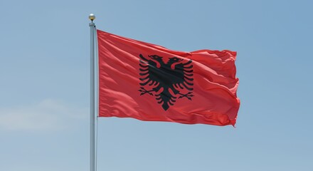 Albanian Flag Waves Proudly Against a Clear Blue Sky
