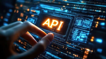 Close-up of a human hand interacting with a glowing digital interface displaying the letters API amidst futuristic circuit board graphics in blue and orange tones