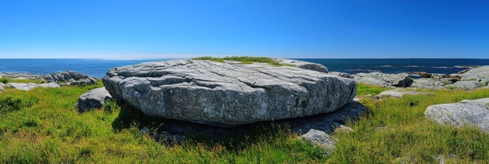 Large, flat rock formation sits atop a grassy coastal area.