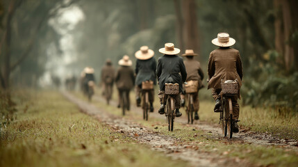 Obraz premium A group of Asian cyclists ride through serene countryside and forest paths