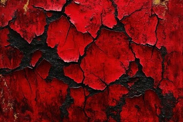 close-up of cracked and peeling red paint on a rough surface revealing black underneath with a weathered texture