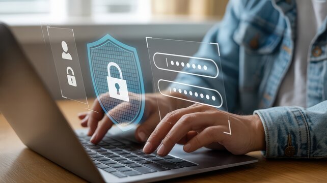 a person typing on a laptop with a security-themed digital interface overlay