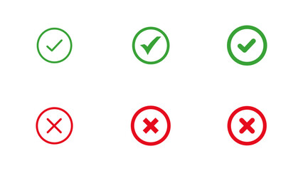 Check mark icon button set. Green check and red cross-circle icon set. vector symbols for yes, no, approval, rejection, correct, incorrect vector illustration 