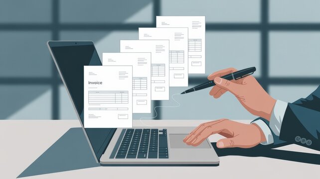 a woman's hands typing on a laptop computer, a staircase made of laptop keyboards in the background, digital technology, office workspace, modern, minimalist, clean lines, monochrome
