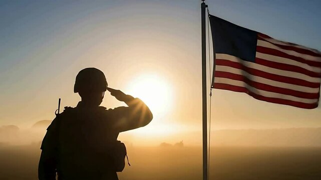 A patriotic image presents a silhouette of a soldier saluting the American flag during a serene sunrise, evoking feelings of patriotism, service, and respect for veterans.