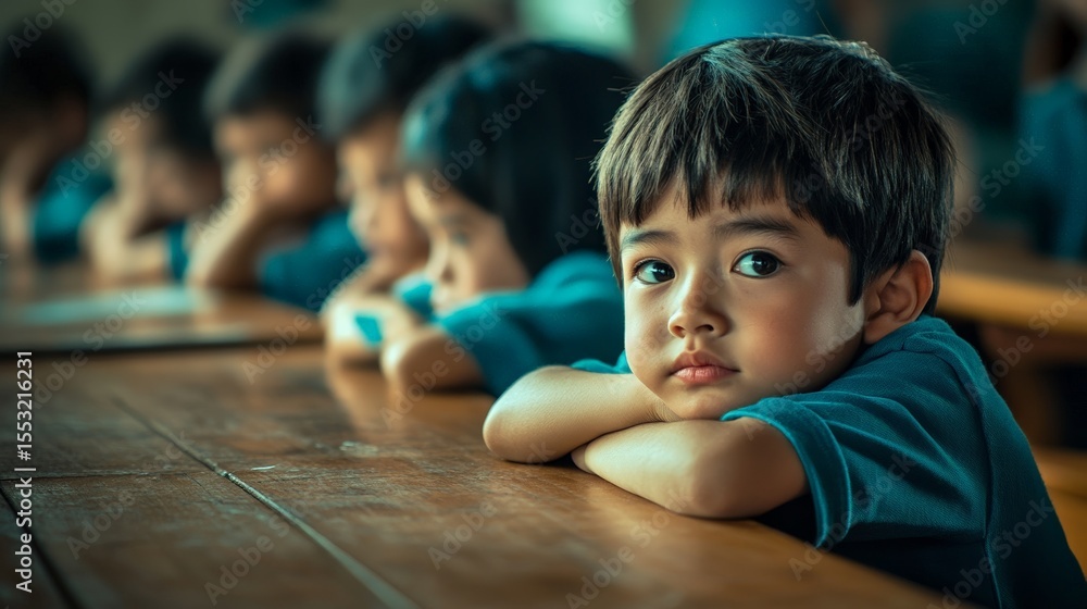 Poster thoughtful asian student is waiting in the classroom while his classmates are resting on their desks