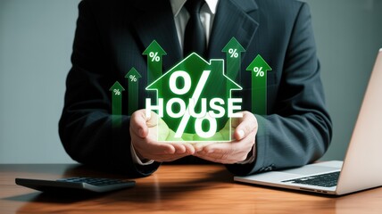 close up photo of a businessman in a suit holding a glowing hologram icon of a house,hyper realistic,octane render,highly detailed,cinematic lighting,elegant,sharp focus
