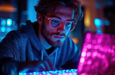 young man wearing glasses focused intently on glowing laptop keyboard in a dark room illuminated with blue and purple neon lights creating a modern tech vibe