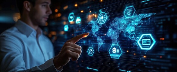 Man interacting with a futuristic digital interface displaying a glowing world map and hexagonal data icons in a dark technological environment