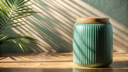A ribbed teal ceramic jar with a wooden lid sits on a wooden floor bathed in sunlight and palm leaf shadows