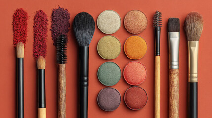 Artistic editorial arrangement of eyeshadow products and makeup tools