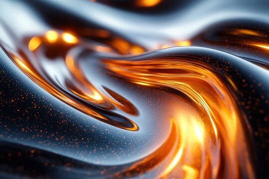 Glossy metallic surface with flowing liquid gold reflections and smooth curved shapes creating a dynamic and futuristic visual effect