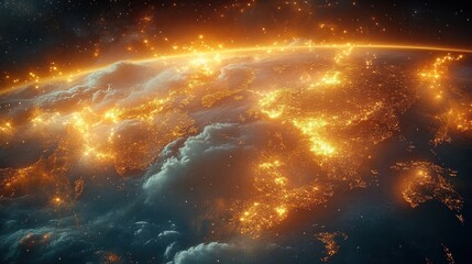 Glowing illuminated map of Europe and surrounding areas at night from space with bright city lights and a warm atmospheric glow