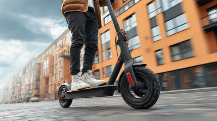 Cropped close-up of a man commuting via electric scooter on a city street
