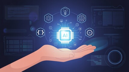 Fototapeta premium a hand holding a glowing digital cube, futuristic interface, hexagon patterns, data visualization, science fiction, digital technology, abstract background 