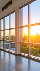 Fototapeta premium Modern Building Vista: Interior shot capturing a stunning vista through large, geometric windows, with the vibrant sky and city view, and the sunbeams creating a dramatic ambiance.