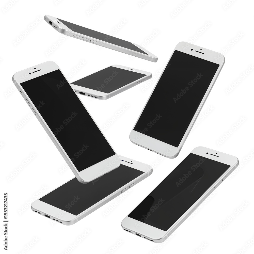 Poster multiple white smartphones with black screens floating and angled in different directions isolated o