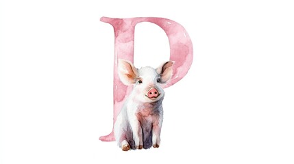Watercolor letter P with a piglet sitting near the bottom in soft blush pink tones. Adorable and gentle artwork—perfect for nursery decor, alphabet learning, or children’s print designs.
