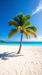 Paradise Palm: A solitary palm tree stands gracefully on a pristine sandy beach, overlooking the turquoise ocean under a bright, cloudless, and azure sky, embodying tranquility.