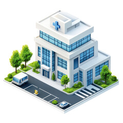 Hospital building illustration isometric view healthcare clinic emergency on transparent background