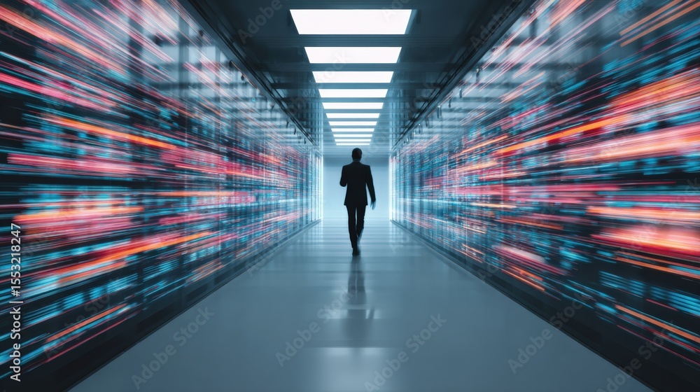 Wall mural tech executive inside ai-powered data room, light trails of real-time transfer operations.