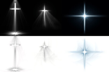 Glowing cross and radiant star light rays with realistic beams and color trails, spiritual and abstract illumination effects on black background