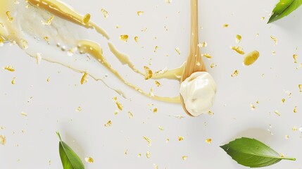 A wooden spoon dipped in creamy yogurt, standing isolated on a spotless white background. This image is a great fit for food - related projects, such as dairy product promotions, healthy eating guides
