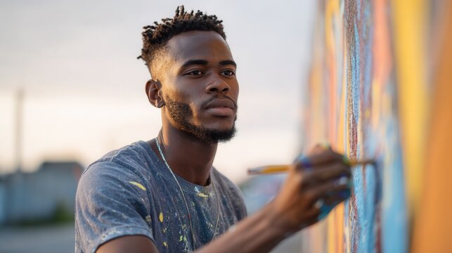 Young african male artist painting colorful mural outdoors.