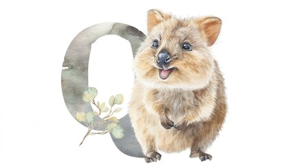 Watercolor letter Q featuring a cheerful baby quokka in tan and soft green tones on a white background. Playful and cute—perfect for nursery art, kids’ alphabet learning, and whimsical designs.
