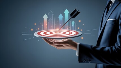 A photograph featuring a hand in a dark blue suit holding a target with red concentric circles, glowing with light. Above the target are ascending arrows in blue, green, and red, symbolizing progress.