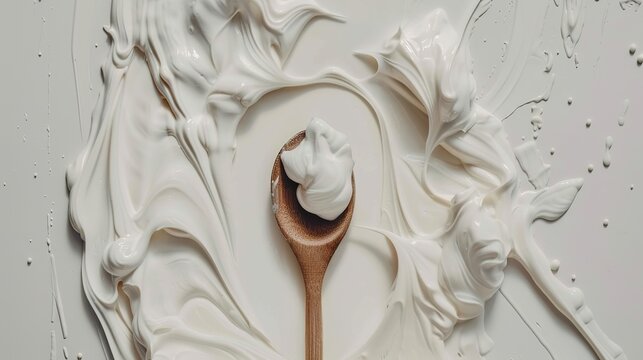 A wooden spoon dipped in creamy yogurt, standing isolated on a spotless white background. This image is a great fit for food - related projects, such as dairy product promotions, healthy eating guides