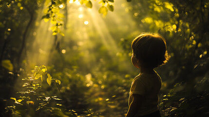A child exploring a dense forest with wonder in their eyes, sunlight filtering through trees