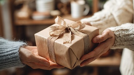 Man and woman holding a wrapped gift box in a close-up festive scene